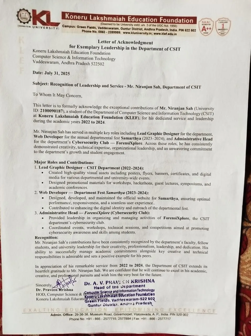 Letter of Acknowledgement - CSIT Department
